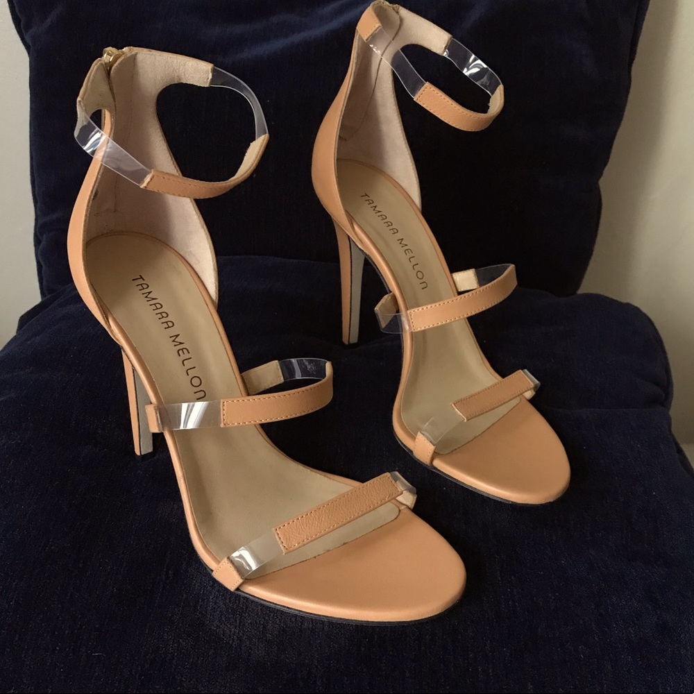 New! Tamara Mellon nude frontline 105 sandals, sexy clear strap heels.